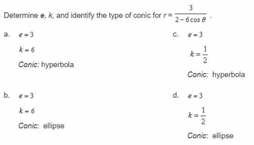 Determine e, k, and identify the type of conic for r = 3 / 2 - 6 cos pheta