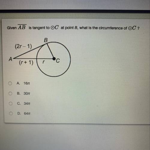 Given AB is tangent to circle C at point B, what is the circumference of circle C?
