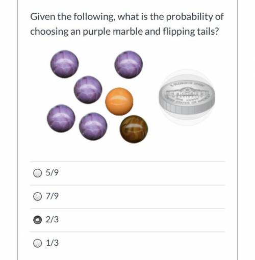 Given the following, what is the probability of choosing an purple marble and flipping tails?