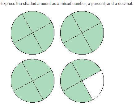 Express the shaded amount as a mixed number, a percent, and a decimal.