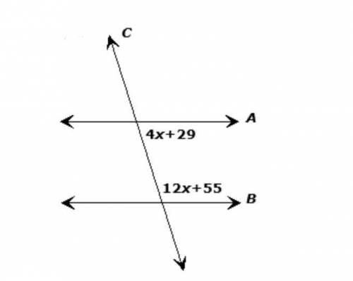 Use the angle relationship in the figure below to solve for x. Assume that line A and line B are par