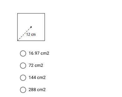 What is the area of the square below? a. 16.97 cm.2 b. 72 cm.2 c 144 cm.2 d. 288 cm.2