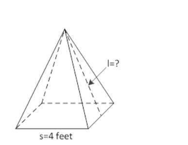 The volume of the following square pyramid is . What is the length of 'l'? Round your answer to the