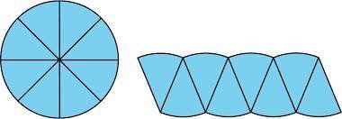The picture shows a circle divided into 9 equal wedges which are rearranged.  The radius of a circle