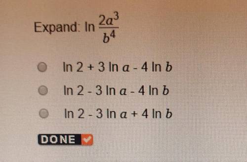 Expand: ln 2a^3/b^4Help me out cuh