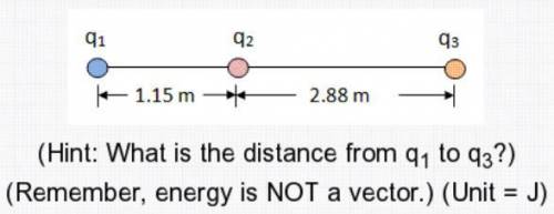 In the diagram, q1 = +2.00x10^-5 C, q2 = +3.80x10^-6 C, and q3 = +5.30x10^-5 C. What is the electric