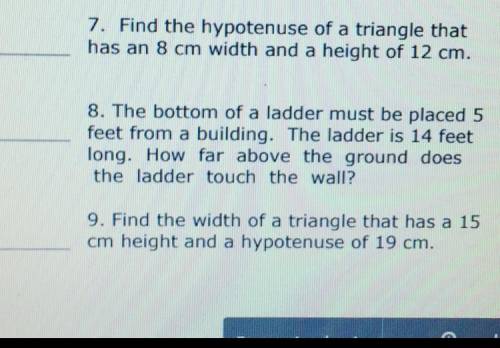 Find the hypotenuse of a triangle that has an 8 cm width and a height of 12 cm.