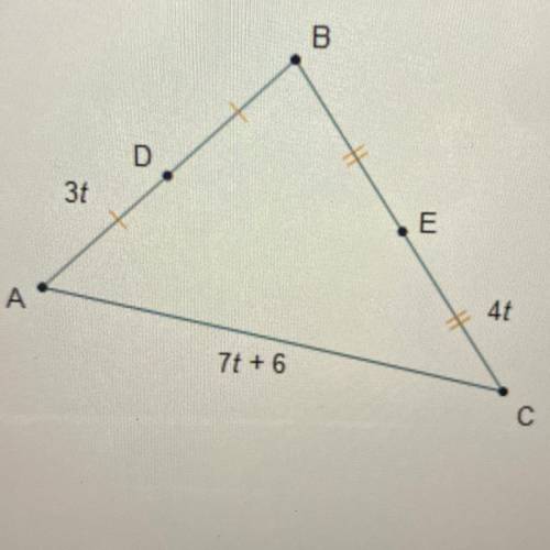 What is the value of t? Points D and E are midpoints of the sides of triangle ABC. The perimeter of