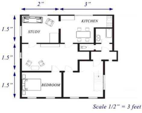 Given the scale drawing of a one-bedroom apartment, what is the actual width of the apartment from t
