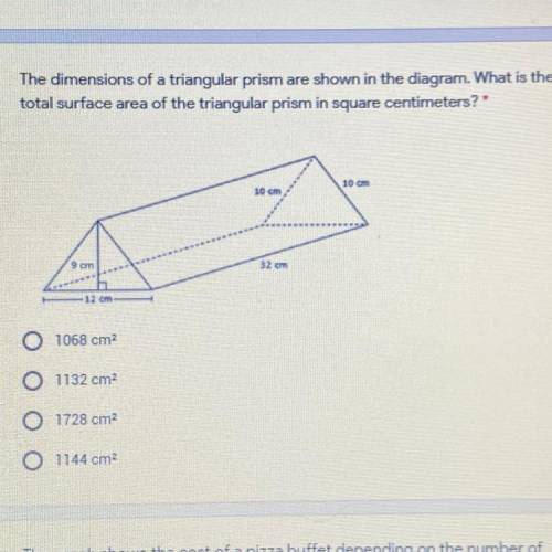 The dimensions of a triangular prism are shown in the diagram. What is the total surface area of the