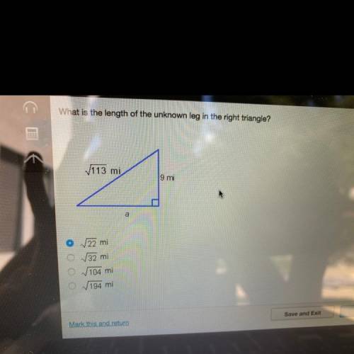 What is the length of the unknown leg in the right triangle? 22 32 104 194