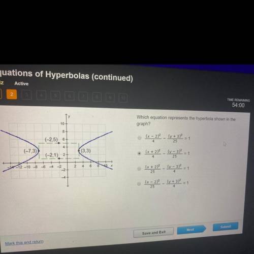 Which equation represents the hyperbola shown in the graph? Answer quick plz