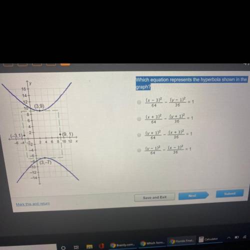 Need help quick Which equation represents the hyperbola shown in the graph?