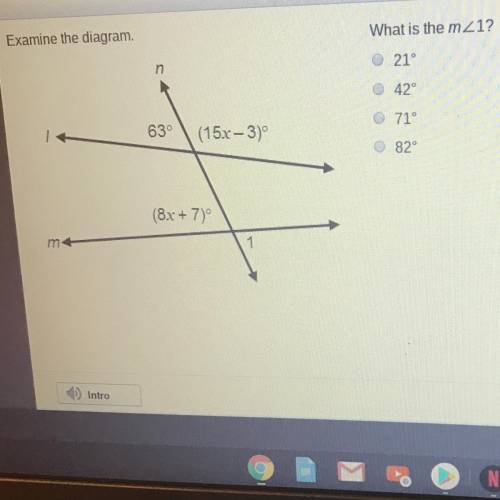 Examine the diagram, what is the measure of angle 1?