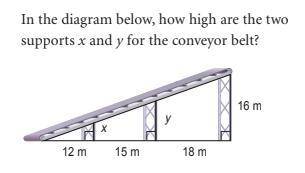 In the diagram below, how high are the two supports x and y for the conveyor belt?