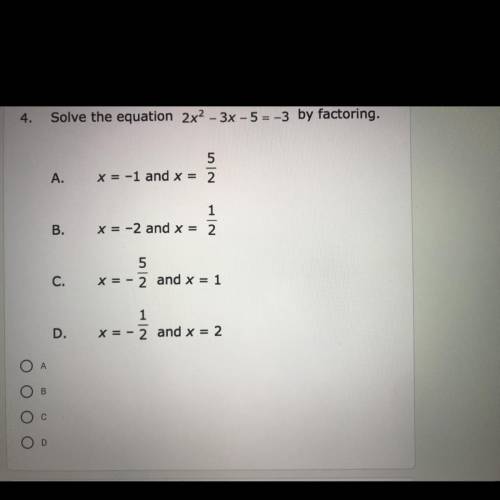 Solve the equation 2x^2 – 3x -5=-3 by factoring.