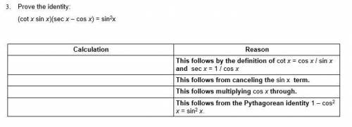Prove the identity (cot x sin x)(sec x – cos x) = sin^2x
