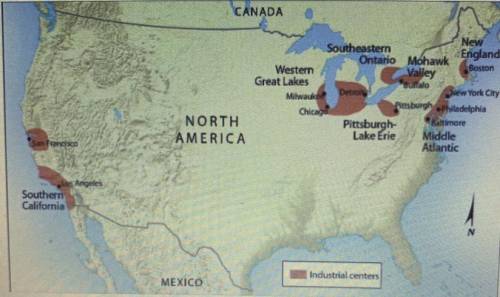 Using the map below answer the following: North America's industrial areas shows that A. Industry is