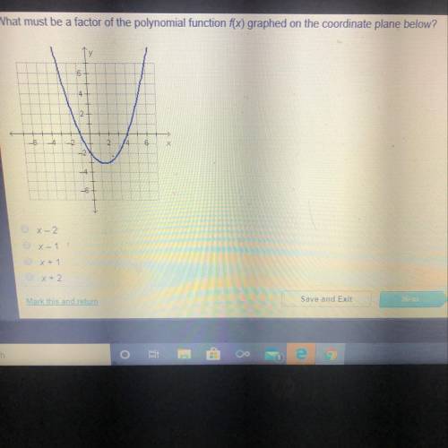 What must be a factor of the polynomial function f(x) graphed on the coordinate plane below? A. X-2