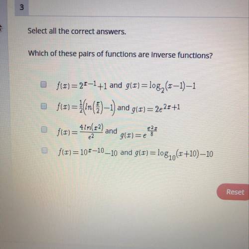 Select all the correct answers. Which of these pairs of functions are inverse functions? f(x) = 2^x–