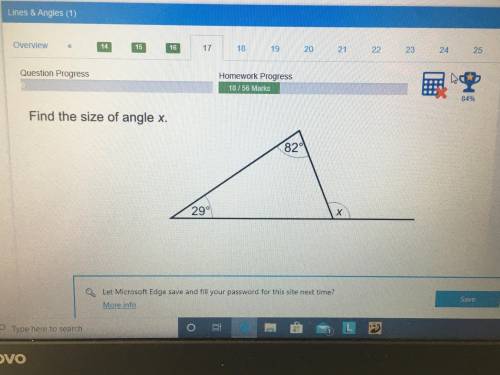 Finding the size of angle x on a straight line. 2 of the angles are 29 degree and 82 degrees