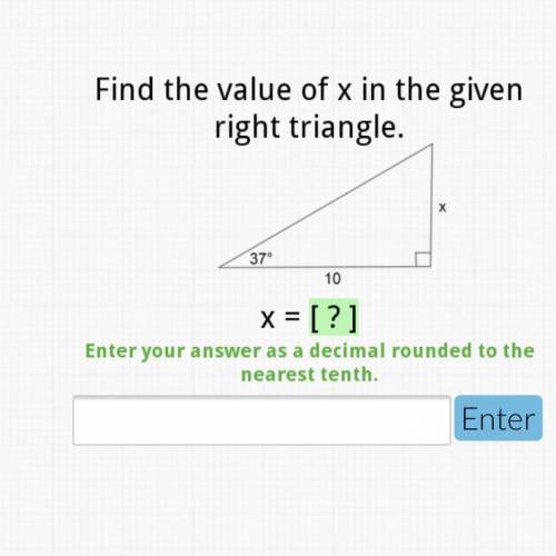 Find the value of x in the given right triangle