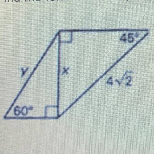 Find the values of x and y in the triangle