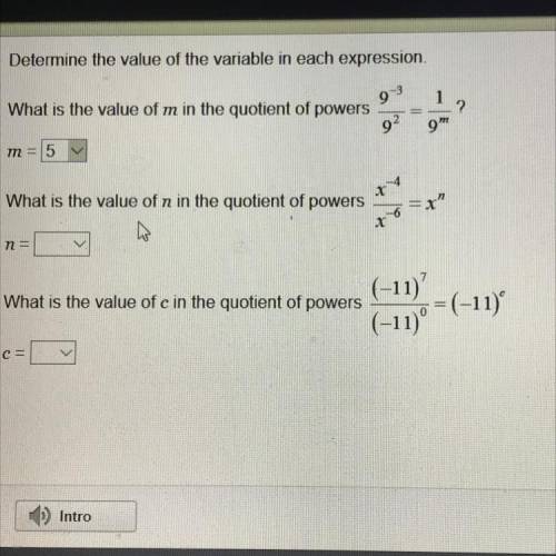 What is the value of n in the quotient x^-4/x-6 = x^n
