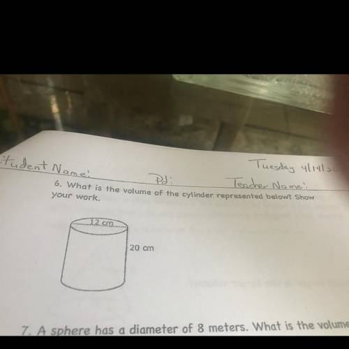 What is the volume of the cylinder represented below