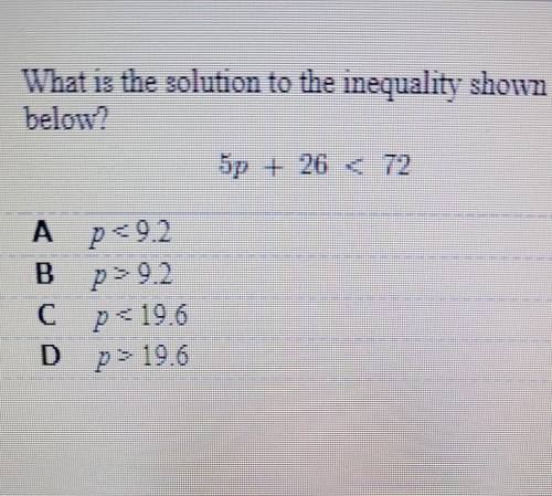 What is the solution to the inequality shown? 5p + 26 < 72