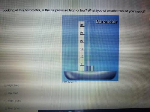 Looking at this barometer is the air pressure high or low? What type of weather would you expect? A.