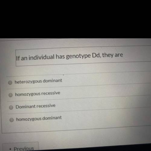 If an individual has genotype Dd, what are they? A. Heterozygous dominant  B. Homozygous recessive C
