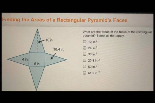 Top ;10 in. / 10.4 in. Bottom 4in. / 6in. What are the areas of the faces of the rectangular pyramid