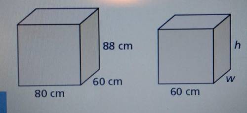 The prisms are similar. Find the missing width w and height h.