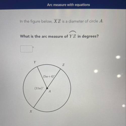 In the figure below, X Z is a diameter of circle A. What is the arc measure of Y Z in degrees? (5w+4