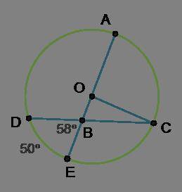 Circle O is shown. Line A E is a diameter. Line O C is a radius. A line is drawn from point C to poi