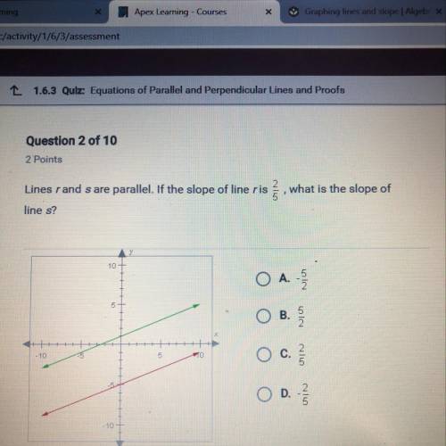 Lines r and s are parallel. If the slope of line r is 2/5, what is the slope of line s?