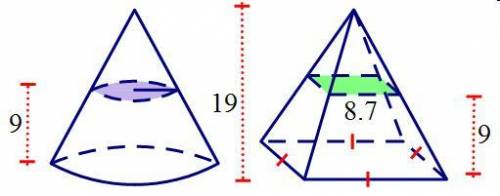 If the cone and the square pyramid have the same volume, find the radius of the cross section of the