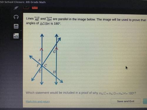 Lines AE and GH are parallel in the image below. The image will be used to prove that the sum of the
