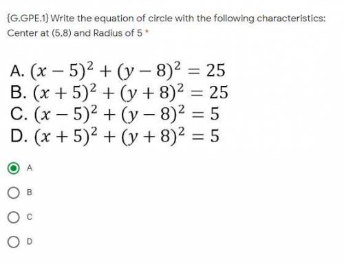 Write the equation of circle with the following characteristics: Center at (5,8) and Radius of 5