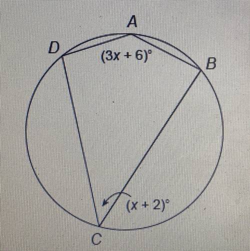 Need some math help please! 1) Quadrilateral ABCD is inscribed in this circle. What is the measure o