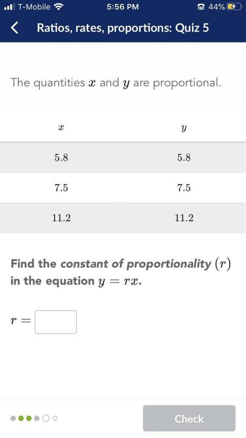 Find the contact of proportionality (r) in the equation y=rx