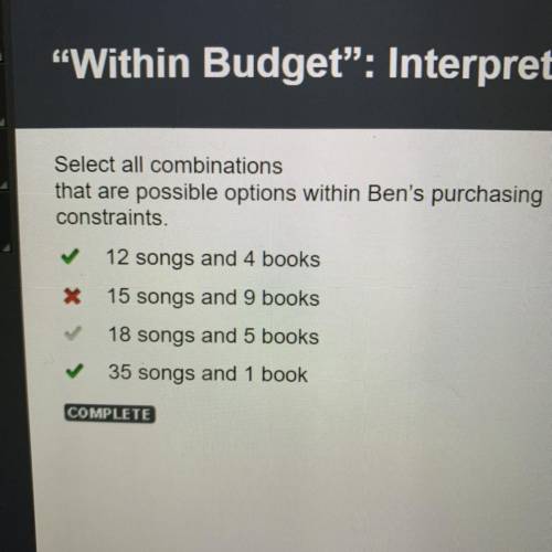 Select all combinations that are possible options within Ben's purchasing constraints 12 songs and 4