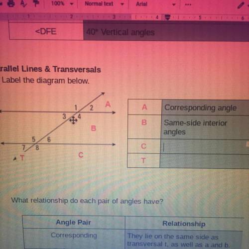 Parallel lines and transversals (picture provided) C and T