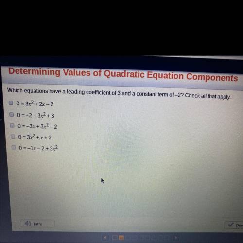 Which equations have a leading coefficient of 3 and a constant term of -2?