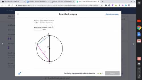 Angle C is inscribed in circle O. AB is a diameter of circle O. What is the radius of circle O?