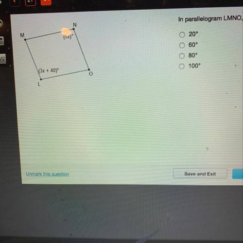In parallelogram LMNO, what is the measure of angle M? 20 60 80 100