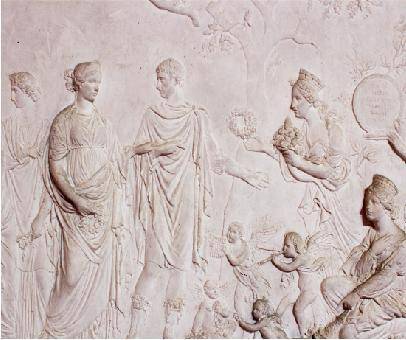 The image shows Roman art. A wall with a lifelike mural showing Roman men and women in 3D. ill mark