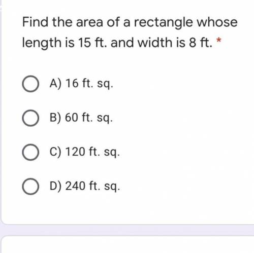 Find the area of a rectangle whose length is 15ft and width is 8ft