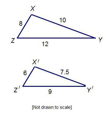 What is the scale factor of this dilation? Triangle X Y Z. Side X Y is 10, Z Y is 12, Z X is 8. Tria